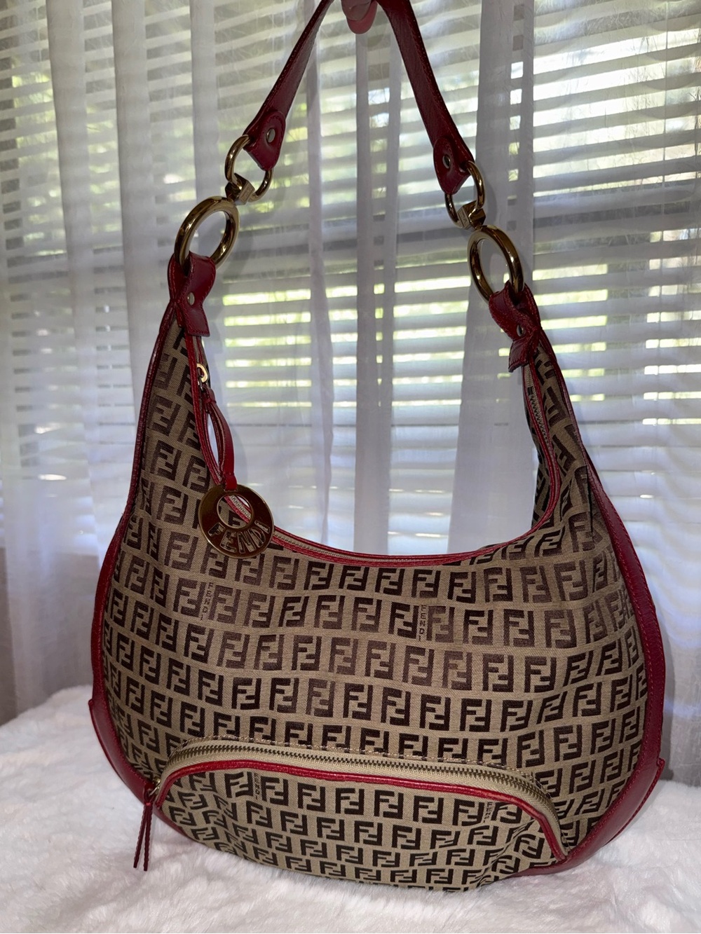 Fendi FF Monogram Half Moon Hobo Bag with Red Leather-Trim